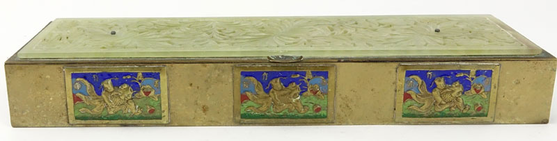 Antique Chinese Brass and Enamel Box with Carved Jade Top.