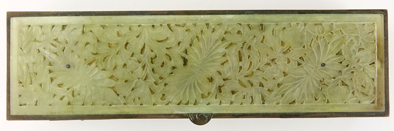 Antique Chinese Brass and Enamel Box with Carved Jade Top.