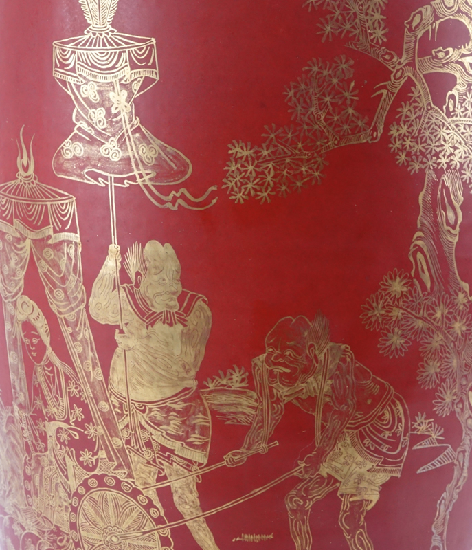 Large Chinese Coral Glaze and Gilt Porcelain Export Vase on Art Deco Gilt Base.