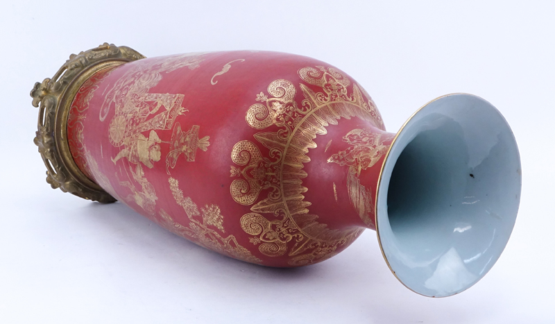 Large Chinese Coral Glaze and Gilt Porcelain Export Vase on Art Deco Gilt Base.
