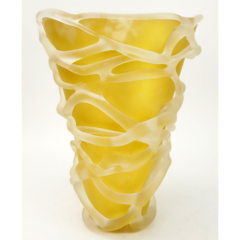 Large Modern Frosted Glass Vase with Gilt Interior.