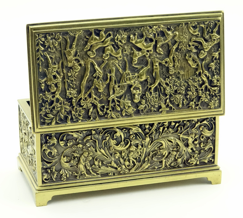 Vintage German Erhard and Söhne Bronze Box. Lined. Decorated with figures and animals in relief.