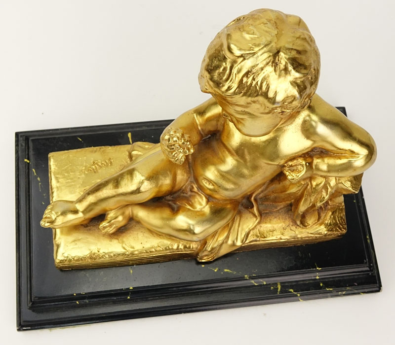 After: Michel Claude Clodion, French (1738-1814) Gilt Bronze Putti Bacchus Sculpture on Wooden Base. 