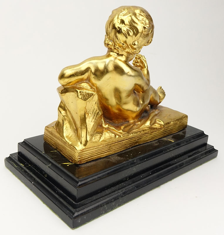 After: Michel Claude Clodion, French (1738-1814) Gilt Bronze Putti Bacchus Sculpture on Wooden Base. 