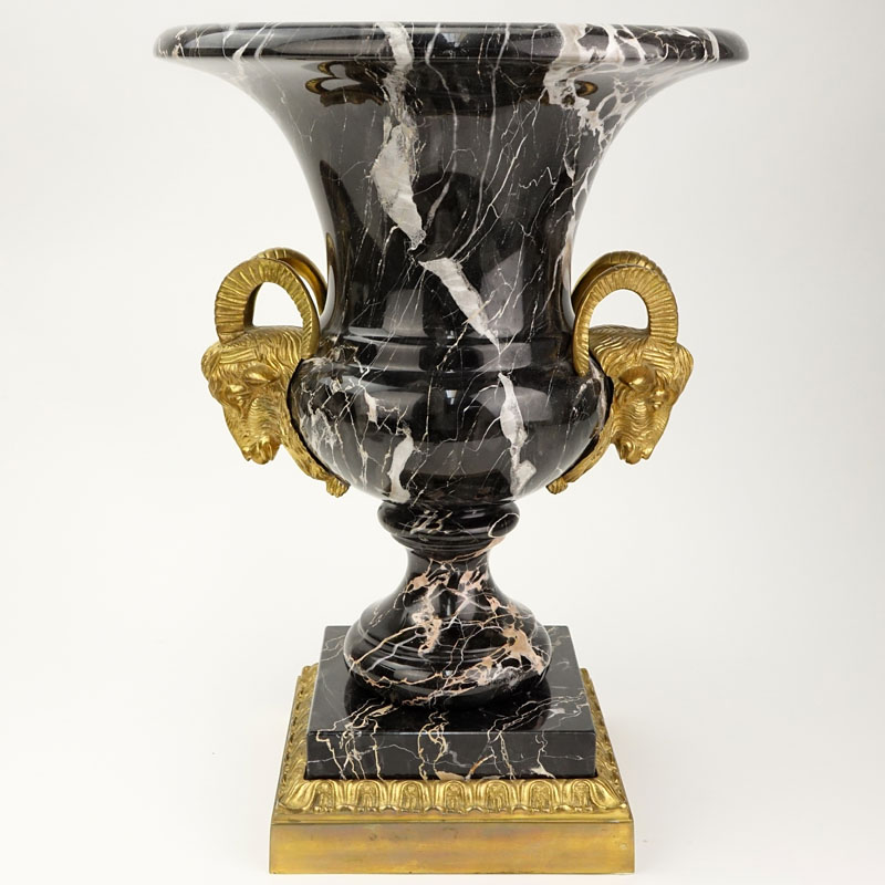 Large Neoclassical Style Black Marble Urn with Gilt Bronze Ram's Head Handles.