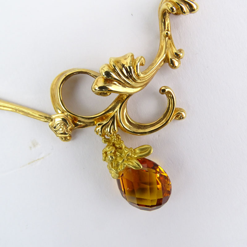 Vintage Italian Art Nouveau style 14 Karat Yellow Gold and Briolette Cut Citrine Pendant Necklace and Bracelet with Oval Cut Citrines.