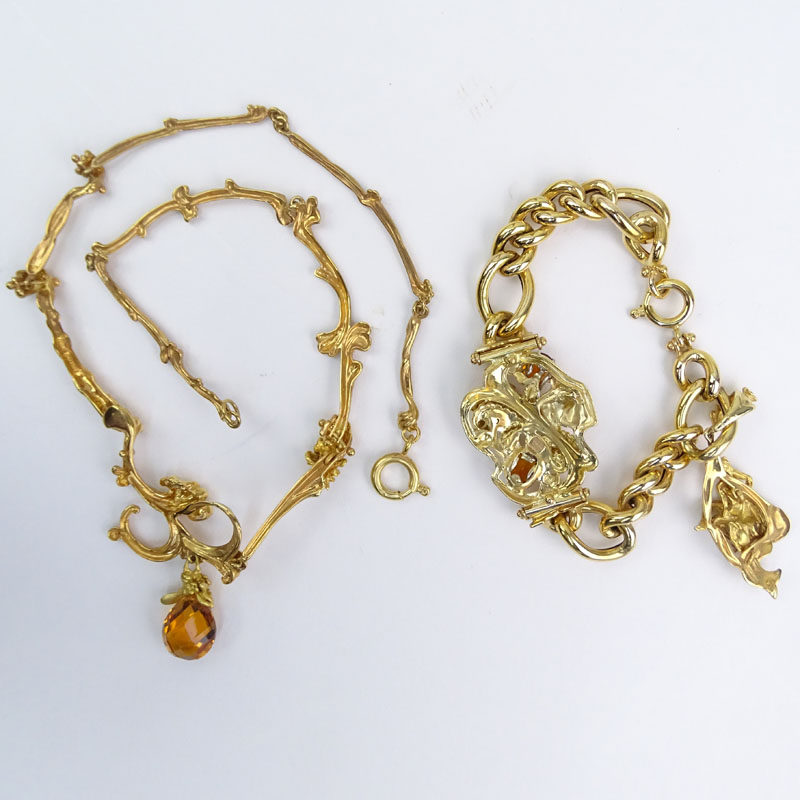 Vintage Italian Art Nouveau style 14 Karat Yellow Gold and Briolette Cut Citrine Pendant Necklace and Bracelet with Oval Cut Citrines.