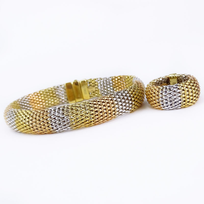 Vintage Italian 18 Karat Tri-Color Gold Mesh Link Bracelet and Ring Suite.