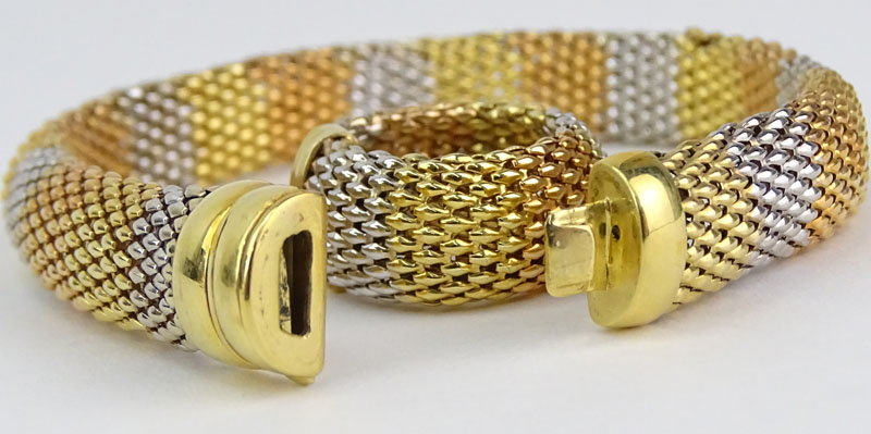 Vintage Italian 18 Karat Tri-Color Gold Mesh Link Bracelet and Ring Suite.