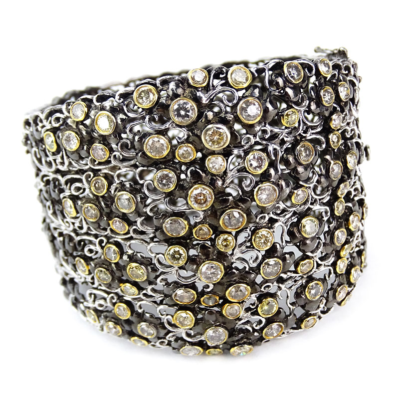 Large Approx. 10.0 Carat Multi Color Fancy Diamond and Blackened 18 Karat White Gold Cuff Bangle Bracelet.