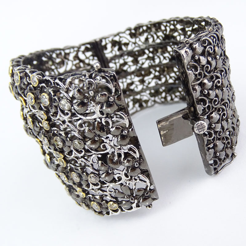 Large Approx. 10.0 Carat Multi Color Fancy Diamond and Blackened 18 Karat White Gold Cuff Bangle Bracelet.