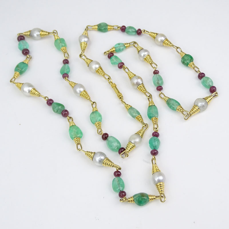 Vintage David Webb Approx. 145.0 Carat Emerald, 35.0 Carat Ruby, Twelve (12) South Sea Baroque Pearl and 18 Karat Yellow Gold Beaded Necklace. 