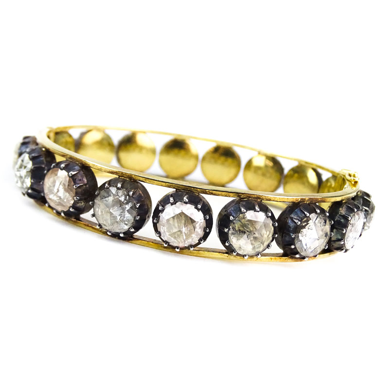 Approx. 20.0 Carat Rose Cut Diamond, 18 Karat Yellow Gold and Silver Hinged Bangle Bracelet. 