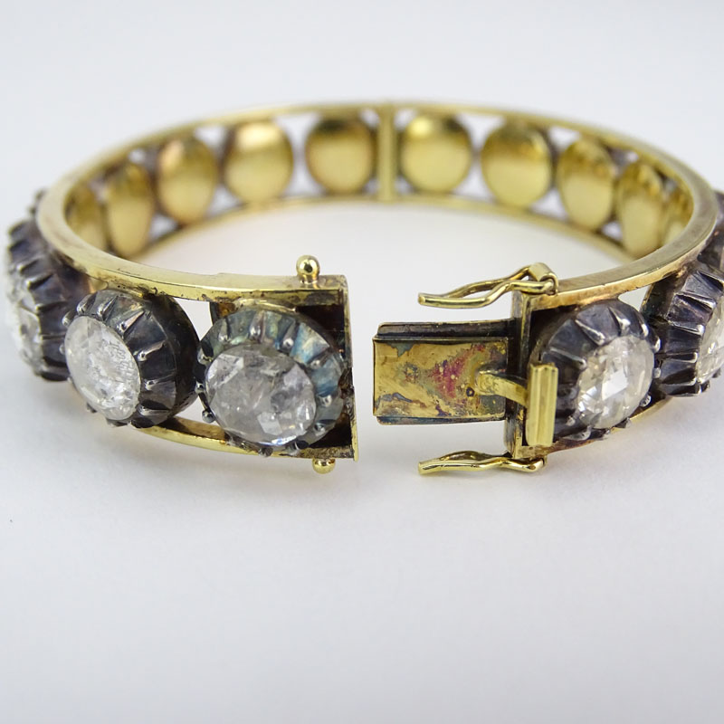 Approx. 20.0 Carat Rose Cut Diamond, 18 Karat Yellow Gold and Silver Hinged Bangle Bracelet. 