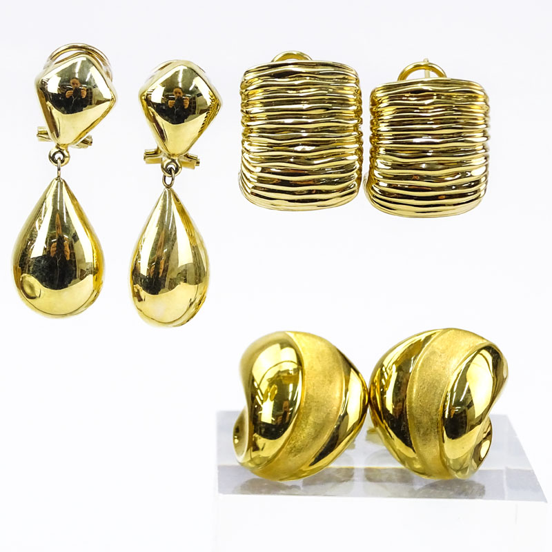 Three (3) Pair of Vintage Gold Earrings Including Two (2) Pair Italian 18 Karat Yellow Gold and One (1) Pair 14 Karat Yellow Gold Ear Clips.