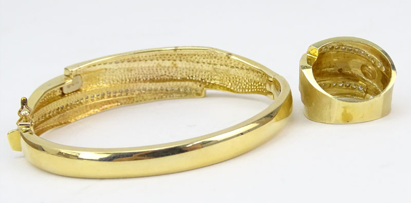 Vintage Israeli Diamond and 14 Karat Yellow Gold Hinged Bangle Bracelet and Ring Suite.