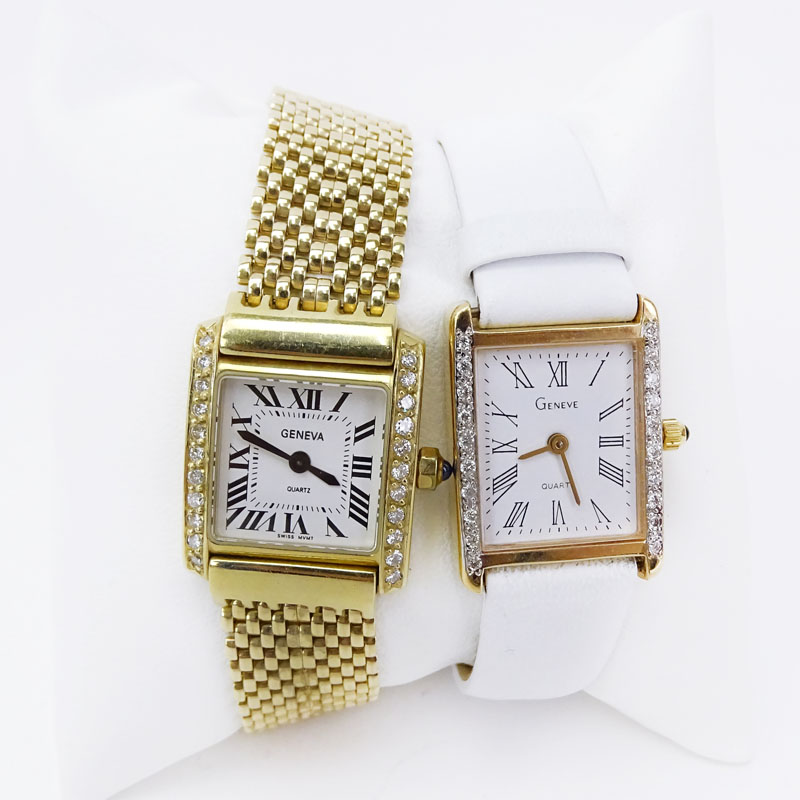 Two (2) Lady's Geneve 14 Karat Yellow Gold and Diamond Quartz Movement Watches. One (1) with 14 Karat Bracelet, One (1) with Leather Strap. 