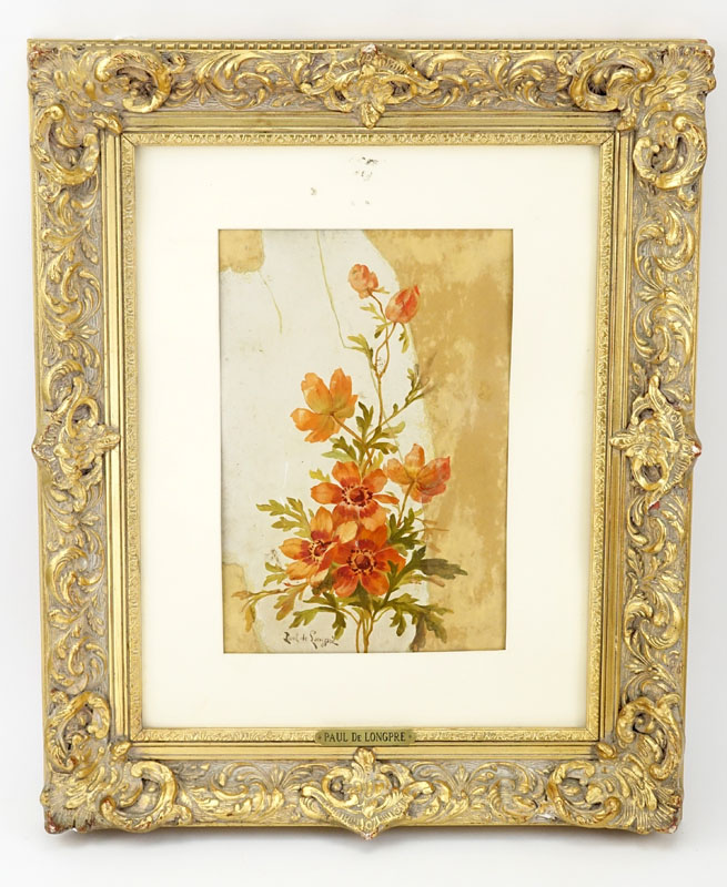Paul De Longpre, American (1855 - 1911) Watercolor on paper "Still Life Of Flowers" Signed, small scratches lower left or in good condition. 