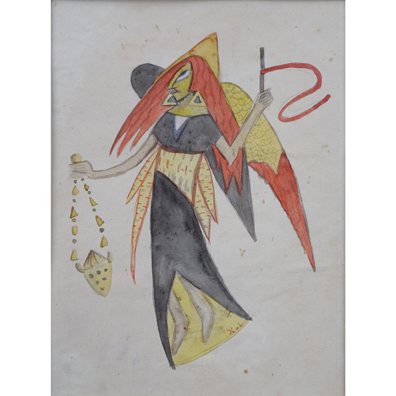 Attributed to: Xul Solar, Argentinian (1887 - 1963) aka: Oscar Agustín Alejandro Schulz Solari. Watercolor on paper "Surrealist Figure Of A Woman". 