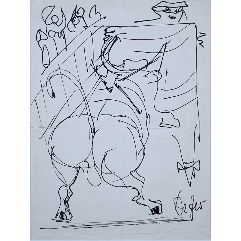 Fortunato Depero, Italian (1892 - 1960) Ink on paper "Matador And Bull" Signed lower right. 