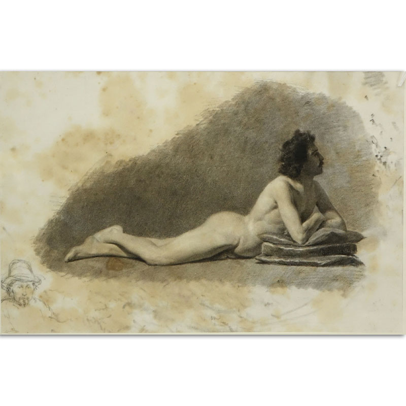 19th Century Italian School Charcoal Drawing "Reclining Male Nude" with small portrait lower left. Bears portrait monogram (faint). Toning, foxing, stains. 