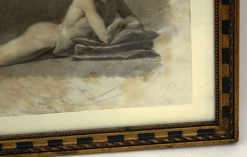 19th Century Italian School Charcoal Drawing "Reclining Male Nude" with small portrait lower left. Bears portrait monogram (faint). Toning, foxing, stains. 