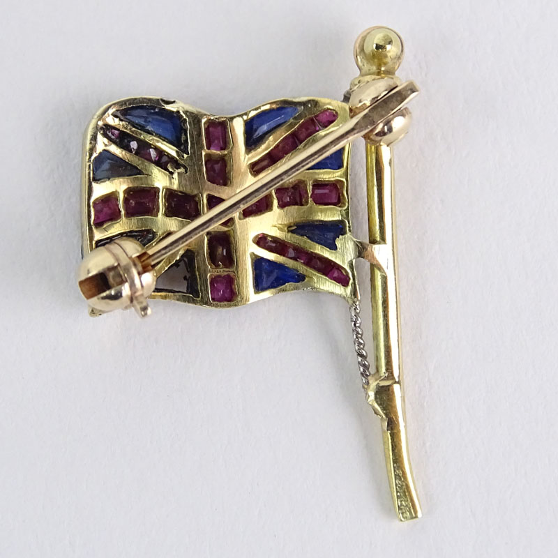 Vintage 18 Karat Yellow Gold British Flag Brooch Set with Rose Cut Diamonds, Sapphires and Rubies. 