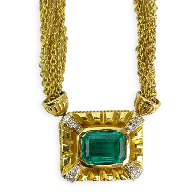 Approx. 3.65 Carat Emerald, Round Brilliant Cut Diamond and 18 Karat Yellow Gold Pendant Necklace. 
