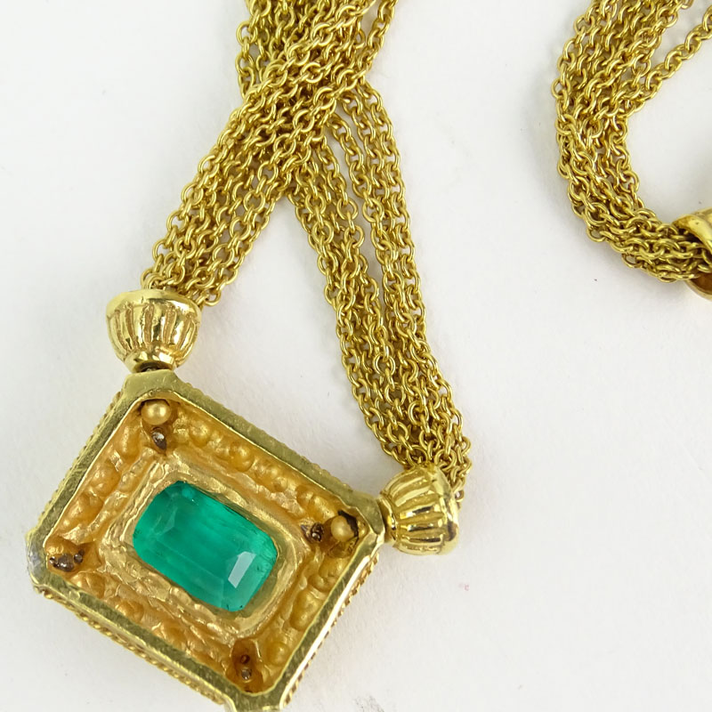 Approx. 3.65 Carat Emerald, Round Brilliant Cut Diamond and 18 Karat Yellow Gold Pendant Necklace. 