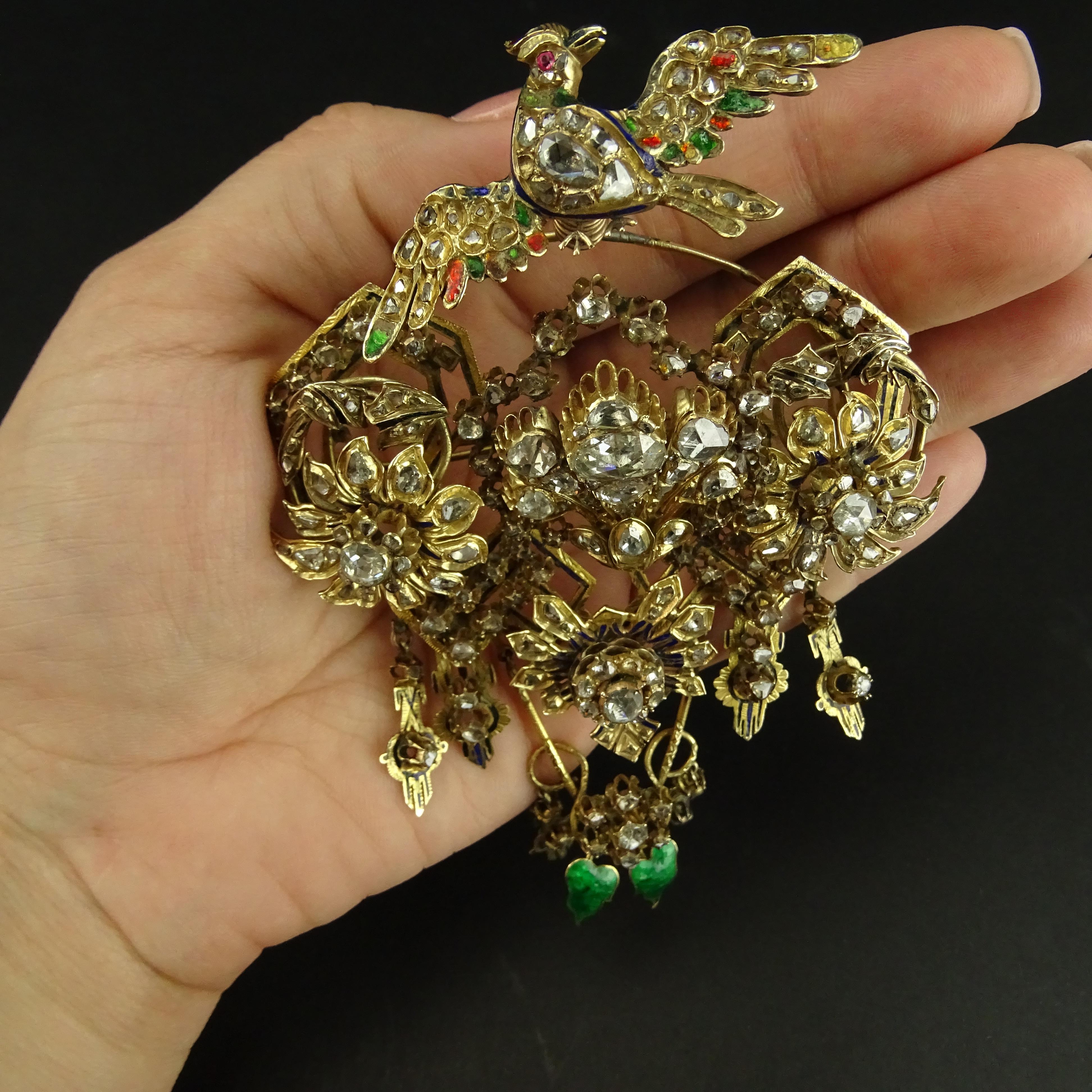 Museum Quality Large 19th Century Turkey Late Ottoman Rose Cut and Old Mine Cut Diamond, Enamel, Yellow Gold and Silver Articulated Bird Brooch.