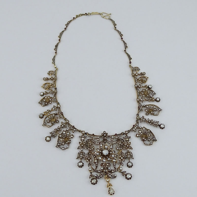 Museum Quality Large 19th Century Turkey Late Ottoman Rose Cut and Old Mine Cut Diamond, Ruby and Yellow Gold Necklace. 