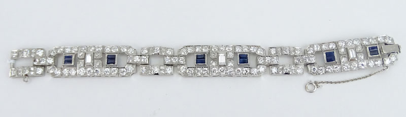 Art Deco Circa 1930s Approx. 10.0 Carat Old European Cut Diamond, 5.0 Carat Sapphire and Platinum Bracelet. 