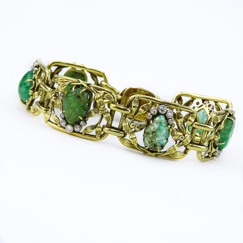 Antique Art Nouveau Approx. 5.0 Carat Carved Emerald, 1.0 Carat Diamond and 18 Karat Yellow Gold Bracelet. 
