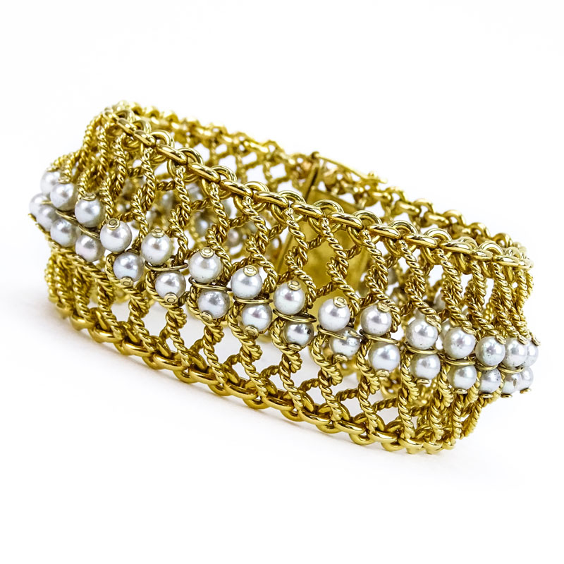 Vintage 14 Karat Yellow Gold Mesh Link Bracelet and White/Grey/Pink Pearl Wide Bracelet.