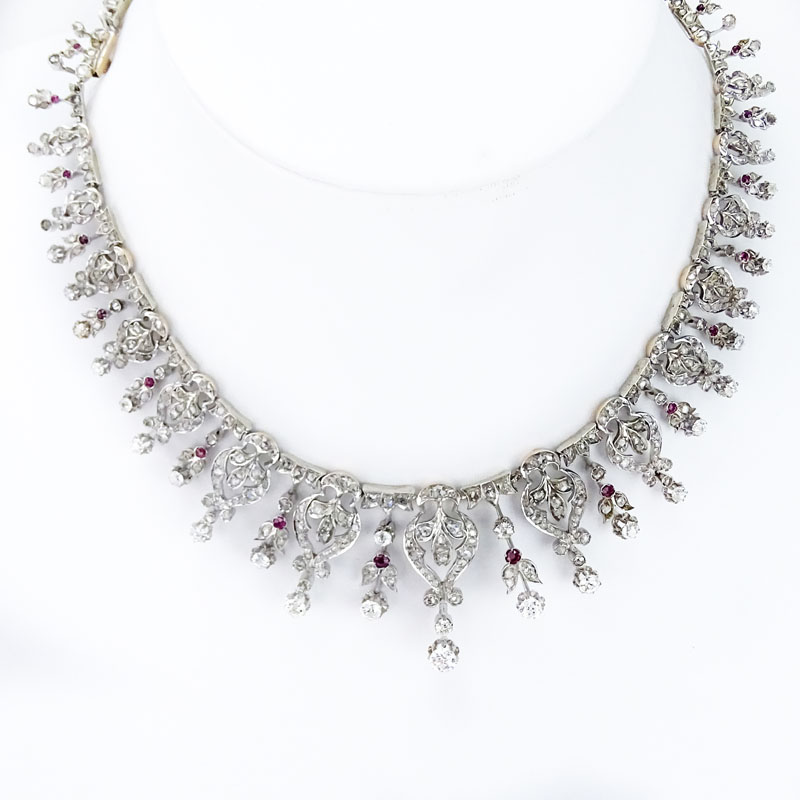 19th Century Victorian Approx. 12.50 Carat Old European Cut Diamond, Ruby and 14 Karat White Gold Necklace. 