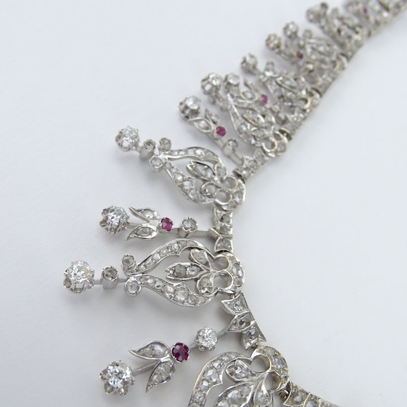 19th Century Victorian Approx. 12.50 Carat Old European Cut Diamond, Ruby and 14 Karat White Gold Necklace. 