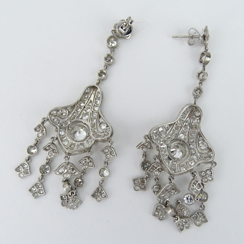 Art Deco Approx. 14.25 Carat Old European Cut Diamond and Platinum Chandelier Earrings.