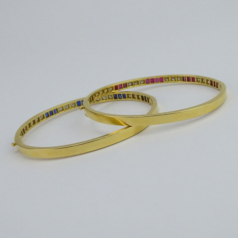 Vintage Van Cleef & Arpels Two (2) 18 Karat Yellow Gold and Diamond Hinged Bangle Bracelets One Set with Rubies the other with Sapphires.