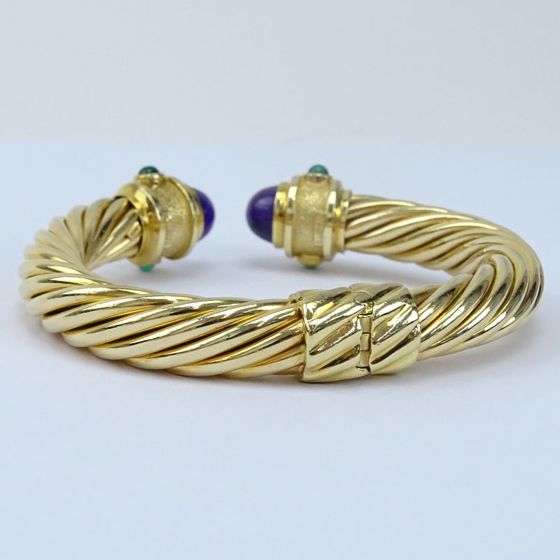 Vintage David Yurman 14 Karat Yellow Gold Cable Hinged Cuff Bangle Bracelet with Cabochon Amethysts and Multi Gemstone Accents.