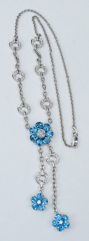 Oval Cut London Blue Topaz, Pave Set Diamond and 18 Karat White Gold Lariat style Necklace. 