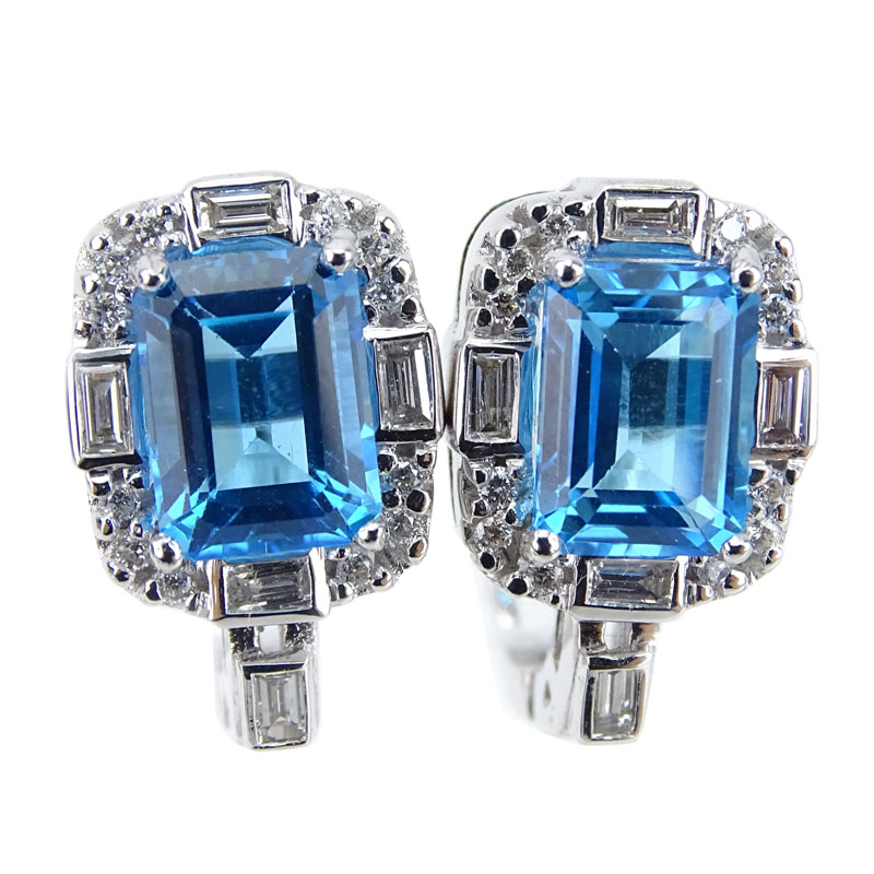 Approx. 4.38 Carat Emerald Cut London Blue Topaz, .45 Carat Diamond and 18 Karat White Gold Earrings.