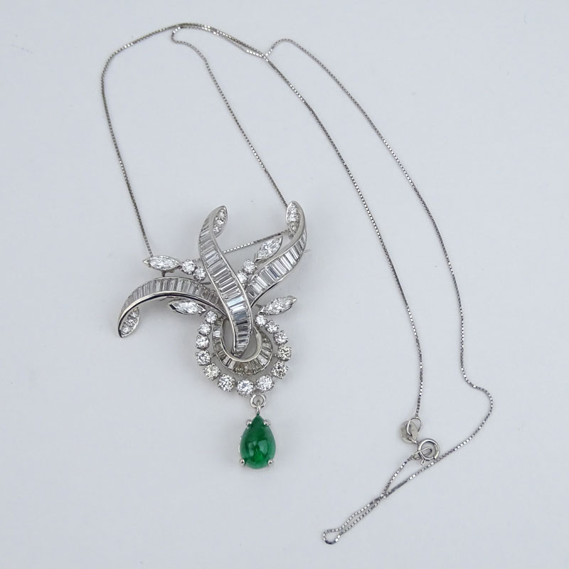 Vintage Approx. 5.0 Carat Round Brilliant, Marquise and Baguette Cut Diamond, Cabochon Emerald and Platinum Pendant with 14 Karat White Gold Chain. 