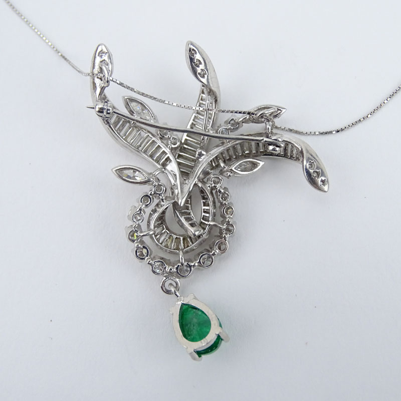 Vintage Approx. 5.0 Carat Round Brilliant, Marquise and Baguette Cut Diamond, Cabochon Emerald and Platinum Pendant with 14 Karat White Gold Chain. 