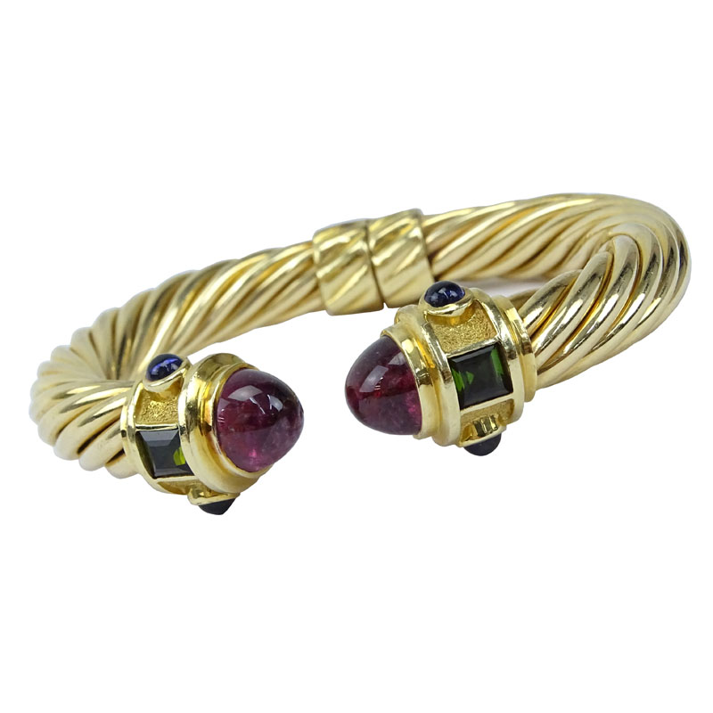Vintage David Yurman 14 Karat Yellow Gold Cable Hinged Cuff Bangle Bracelet with Cabochon Rubelite Tourmalines and Multi Gemstone Accents.