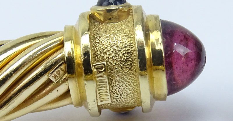 Vintage David Yurman 14 Karat Yellow Gold Cable Hinged Cuff Bangle Bracelet with Cabochon Rubelite Tourmalines and Multi Gemstone Accents.