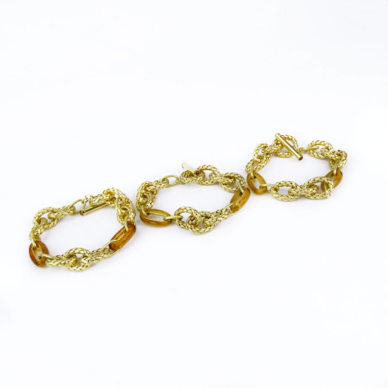 Three (3) Vintage Italian Finely Made 18 Karat Yellow Gold Woven Link and Citrine Link Bracelets.