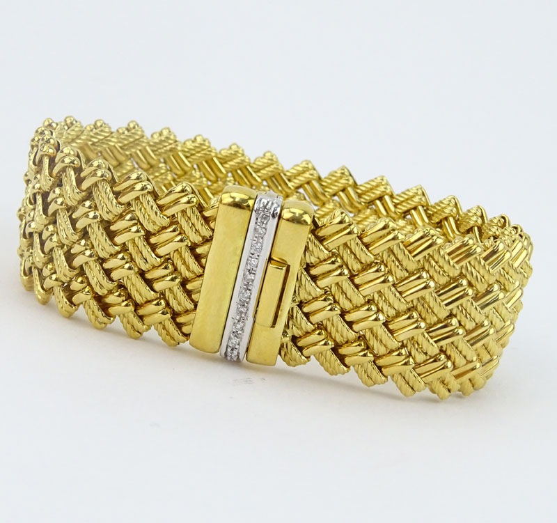 Vintage Italian 18 Karat Yellow Gold Flexible Mesh Wide Bracelet with Small Diamond Accents to Clasp.