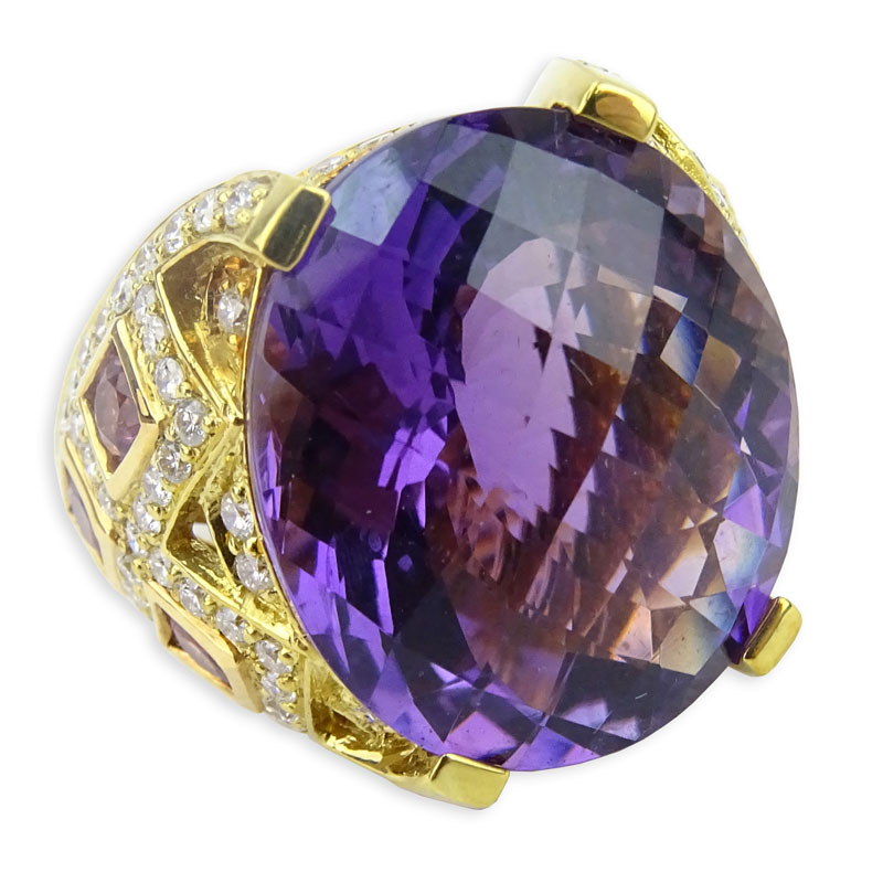 Large Criss Cross Oval Cut Amethyst, Pink Sapphire, Diamond and 18 Karat Yellow Gold Ring. 