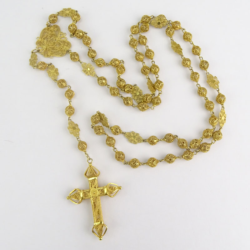 Vintage Filigree Yellow Gold Rosary / Necklace with 14 Karat Filigree Yellow Gold Cross Pendant.