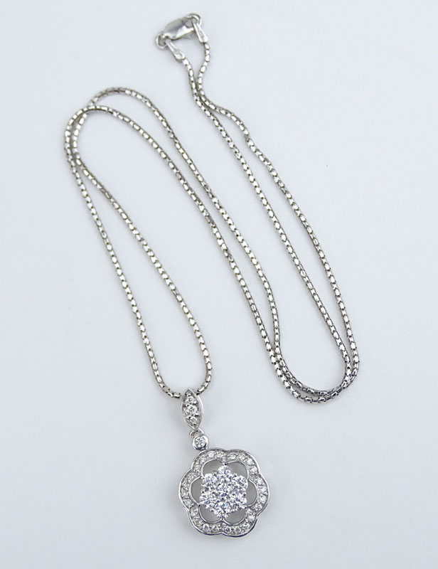 Approx. 1.25 Carat TW Round Brilliant Cut Diamond and 14 Karat White Gold Pendant Necklace.